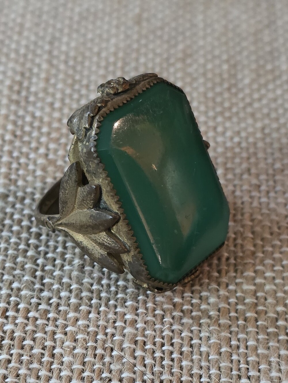 VINTAGE BRASS RING | Green Stone, Sz. 7, Adjustable